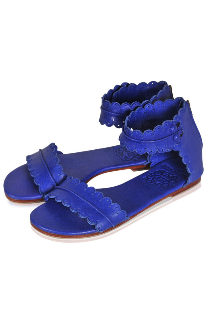White scalloped leather sandals, leather sole detail — handmade by Bali ELF